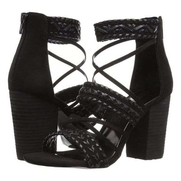 EUC Carlos Santana Java Braided Straps Black Block Heels plus socks - Picture 3 of 5